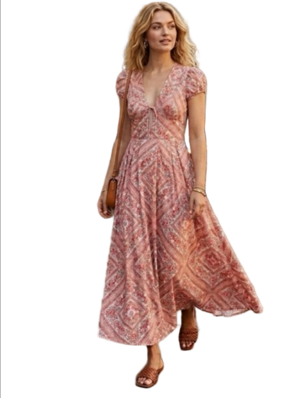 Avec Les Filles Linen Blend Tie-Front Fit & Flare Maxi Dress Puff Cap Sleeve